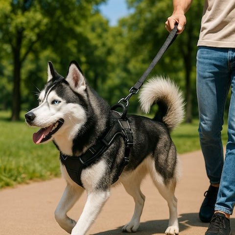 husky en promenade portant son harnais chien anti traction noir
