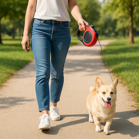 chien en balade avec sa laisse chien easyretract rouge