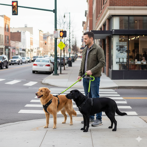 homme en balade avec ses chiens et la longe pour chien vert