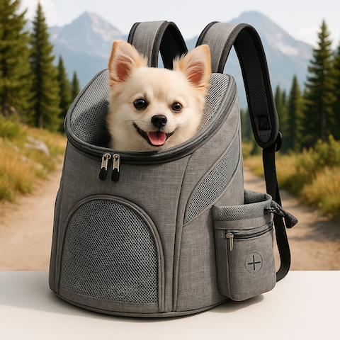 petit chien confortablement assit dans son sac de transport chien