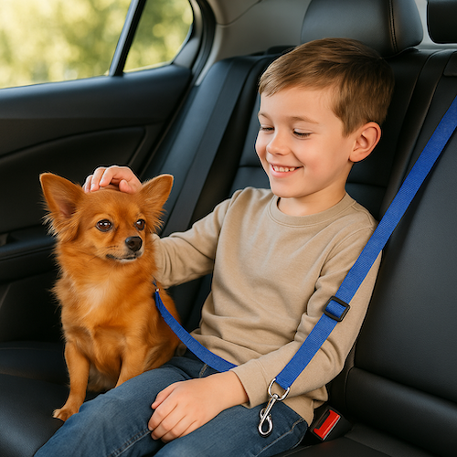 petit chien en compagnie de garcon et la laisse pour chien saftycar
