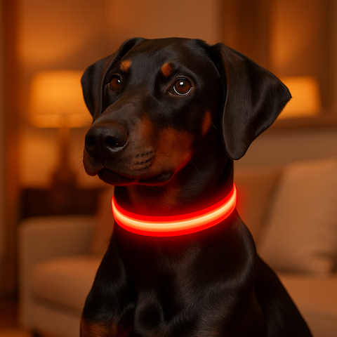 jeune chien avec son collier lumineux rouge