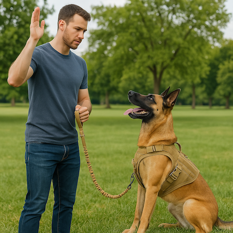 homme en formation de dressage de son chien avec son collier de dressage chien
