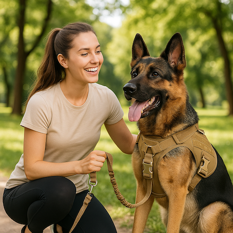 jeune-femme-heureuse-du-comportement-de-son-berger-allemand-grace-au-collier-de-dressage-chien