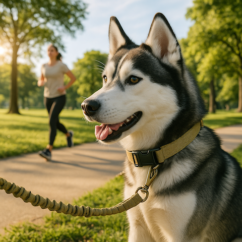 husky en balade dans le parc avec son collier de dressage pour chien