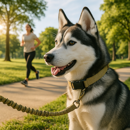 husky en balade dans le parc avec son collier de dressage pour chien