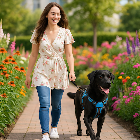 jeune-femme-heureuse-de-promener-son-labrador-noir-avec-son-nouveau-harnais-anti-traction-chien