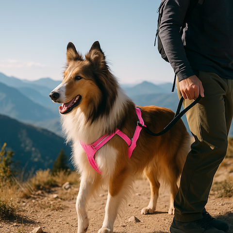 colley en balade avec son harnais chien anti traction rose