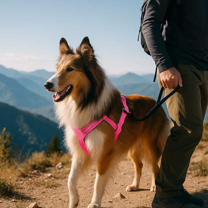 colley en balade avec son harnais chien anti traction rose