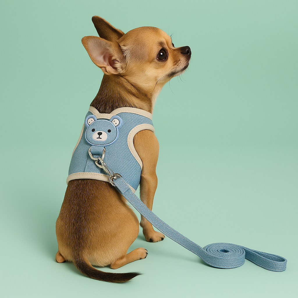 chihuahua dans son harnais pour petit chien bleu