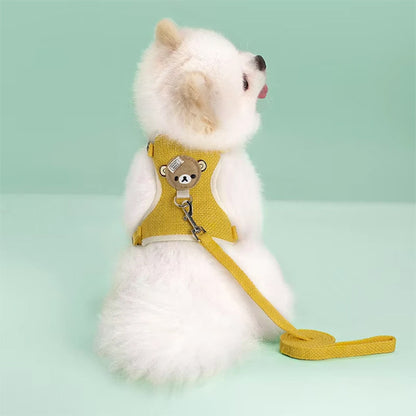 sptiz nain dans son nouveau harnais pour petit chien jaune