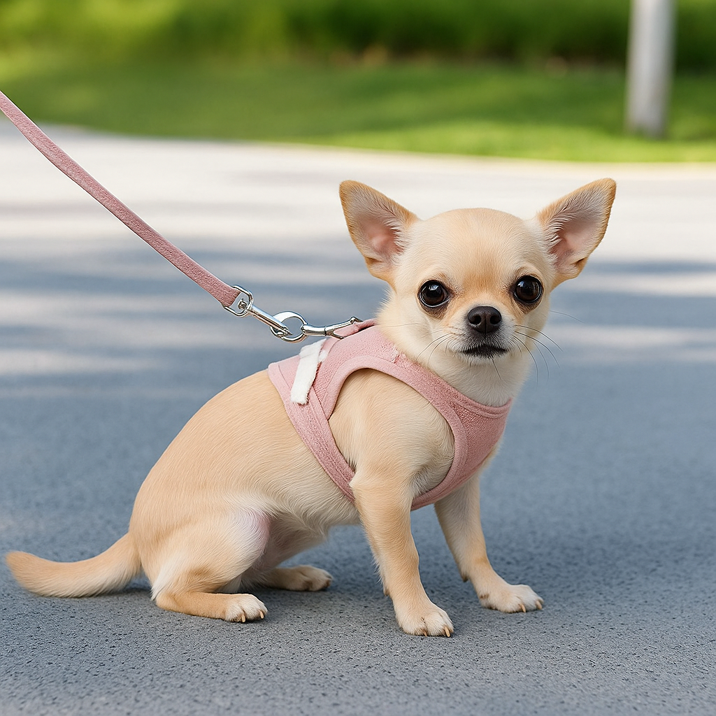 Petit chihuahua en balade avec son harnais pour petit chien rose