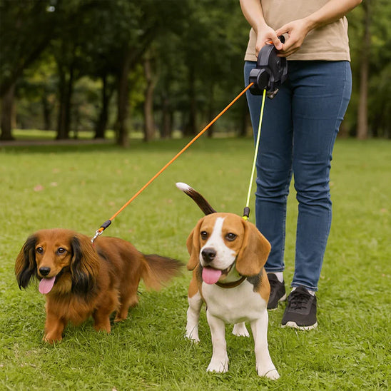 femme au parc avec ses deux chiens tenu en laisse double pour chien