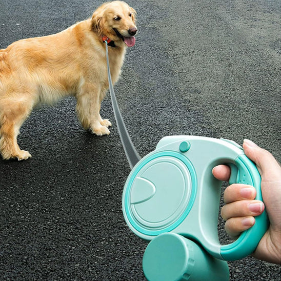 femme lors de la sortie pour les besoin de son golden avec la laisse enrouleur chien pratique