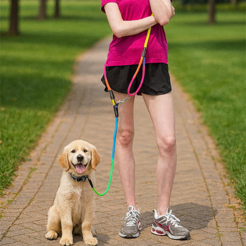 jeune femme en entrainement de son chiot au jogging avec la longe chien