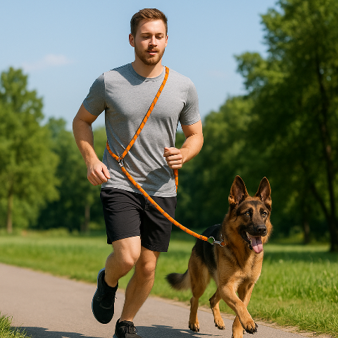 homme et son berger allemand au jogging les mains libre grace a la longe chien