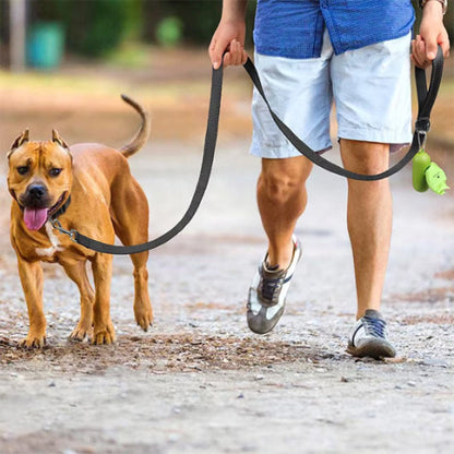 homme en balade avec son pit bull terrier et la longe chien noir
